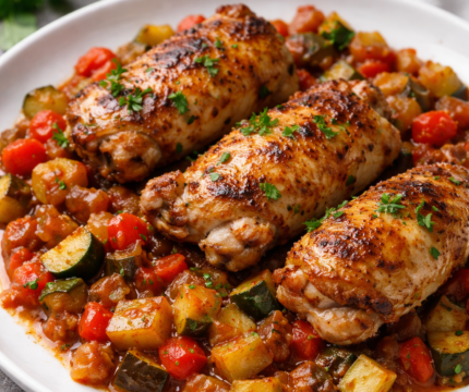 Contramuslo deshuesado asado con pisto