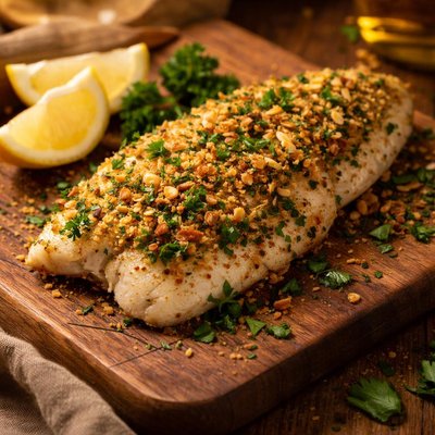 Abadejo al horno con costra de limón y hierbas 🌾🐟